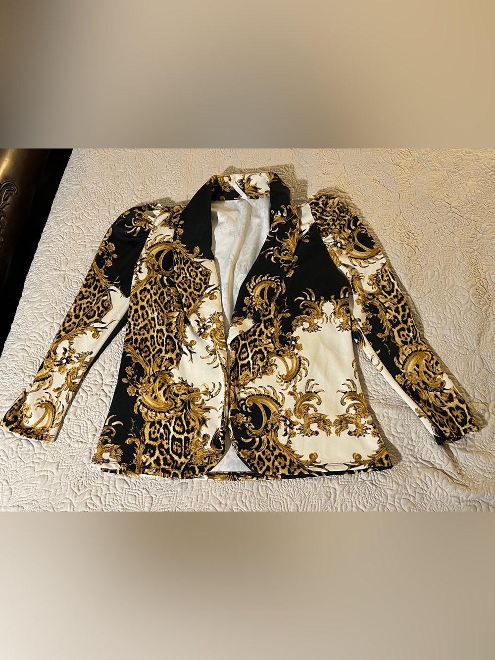Women’s Black/Gold/White Baroque Leopard Blazer Jacket Button Front